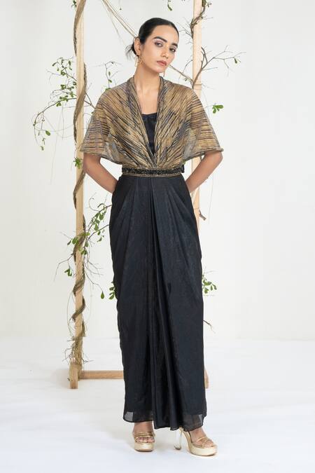 Buy_Ellemora Fashions_Black Crepe Embroidery, Beads V-neck Midnight Gold Draped Gown 
