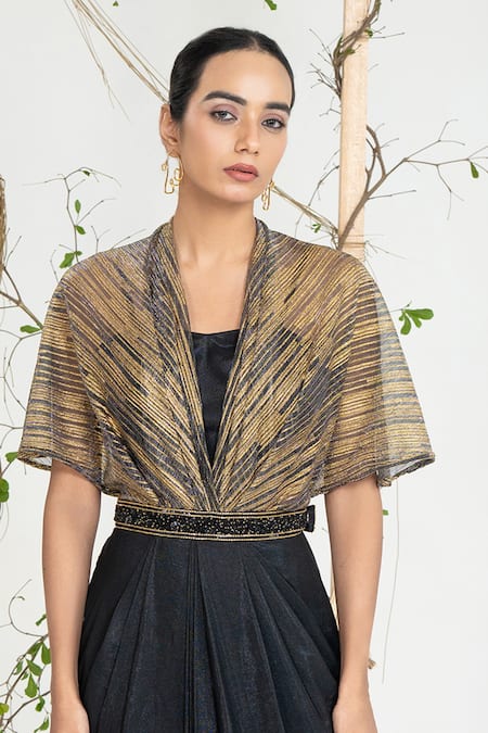 Shop_Ellemora Fashions_Black Crepe Embroidery, Beads V-neck Midnight Gold Draped Gown 