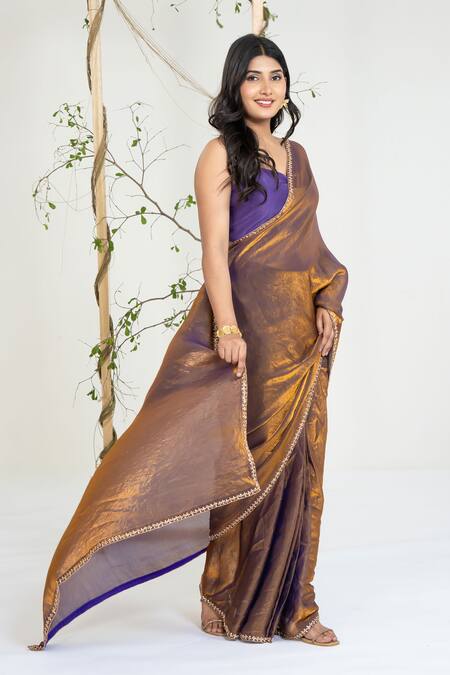 Shop_Ellemora Fashions_Gold Tissue Embroidery Sweetheart Neck Molten Twilight Saree With Blouse _Online_at_Aza_Fashions
