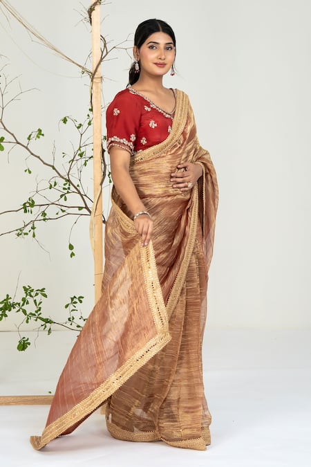Shop_Ellemora Fashions_Gold Tissue Zari, Embroidery, Stones V-neck Intricate Pattern Saree With Blouse _Online_at_Aza_Fashions