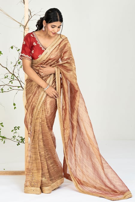 Buy_Ellemora Fashions_Gold Tissue Zari, Embroidery, Stones V-neck Intricate Pattern Saree With Blouse 