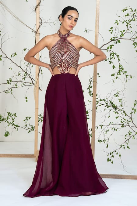 Buy Ellemora Fashions Maroon Crepe, Net Embroidery, Beads, Sequins Halter Neck Berry Luxe Jumpsuit Online at Aza Fashions Buy_Ellemora Fashions_Maroon Crepe, Net Embroidery, Beads, Sequins Halter Neck Berry Luxe Jumpsuit _Online_at_Aza_Fashions