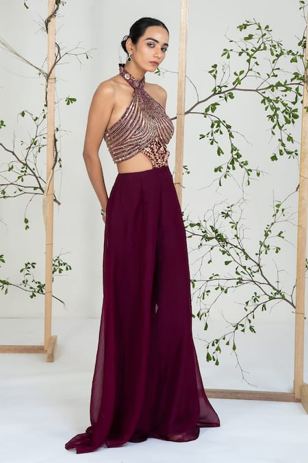 Shop Ellemora Fashions Maroon Crepe, Net Embroidery, Beads, Sequins Halter Neck Berry Luxe Jumpsuit Online at Aza Fashions Shop_Ellemora Fashions_Maroon Crepe, Net Embroidery, Beads, Sequins Halter Neck Berry Luxe Jumpsuit _Online_at_Aza_Fashions