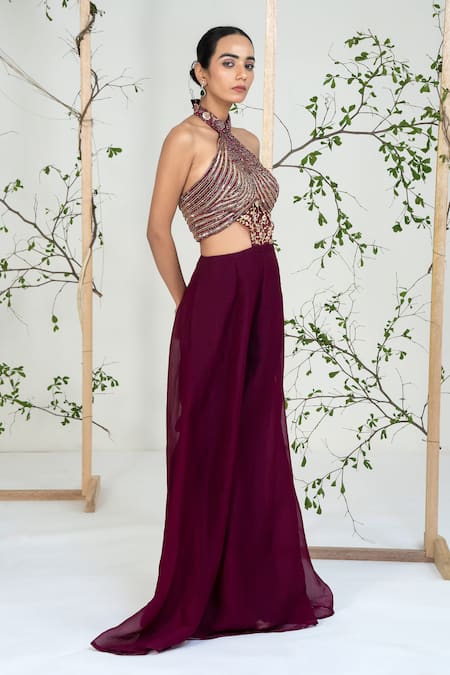 Ellemora Fashions Maroon Crepe, Net Embroidery, Beads, Sequins Halter Neck Berry Luxe Jumpsuit at Aza Fashions Ellemora Fashions_Maroon Crepe, Net Embroidery, Beads, Sequins Halter Neck Berry Luxe Jumpsuit _at_Aza_Fashions