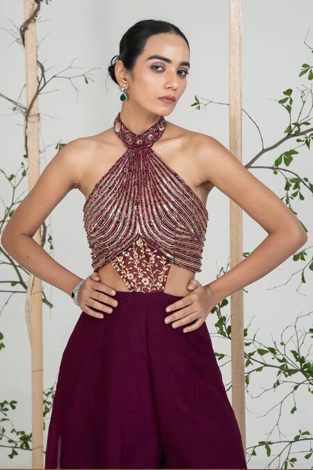Buy Ellemora Fashions Maroon Crepe, Net Embroidery, Beads, Sequins Halter Neck Berry Luxe Jumpsuit Buy_Ellemora Fashions_Maroon Crepe, Net Embroidery, Beads, Sequins Halter Neck Berry Luxe Jumpsuit