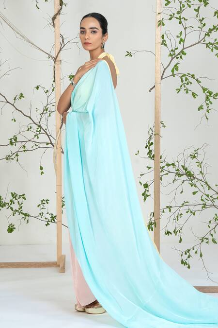 Ellemora Fashions Blue Crepe Halter Neck Buttercup Breeze Saree With Blouse at Aza Fashions Ellemora Fashions_Blue Crepe Halter Neck Buttercup Breeze Saree With Blouse _at_Aza_Fashions