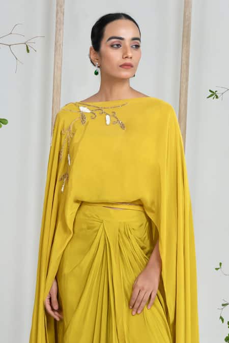 Buy_Ellemora Fashions_Yellow Crepe Embroidery Boat Neck Citrus Chic Dress _Online_at_Aza_Fashions