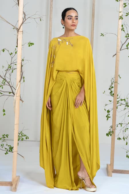 Ellemora Fashions_Yellow Crepe Embroidery Boat Neck Citrus Chic Dress _at_Aza_Fashions