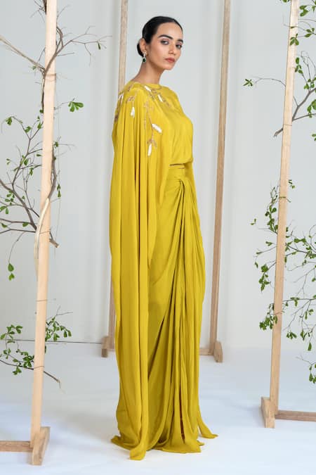 Buy_Ellemora Fashions_Yellow Crepe Embroidery Boat Neck Citrus Chic Dress 