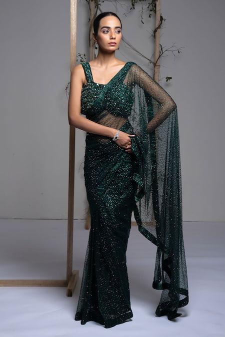 Ellemora Fashions Green Net, Crepe Embroidery, Zari, Beads, Sequins Emerald Mist Saree With Blouse 