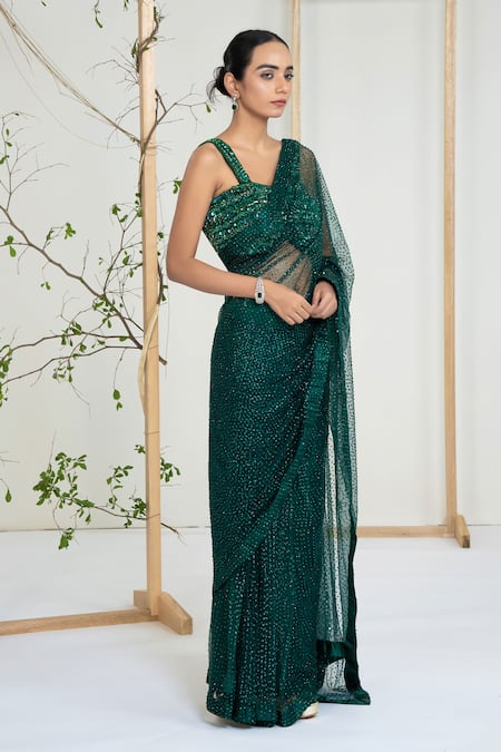 Buy_Ellemora Fashions_Green Net, Crepe Embroidery, Zari, Beads, Sequins Emerald Mist Saree With Blouse _Online_at_Aza_Fashions