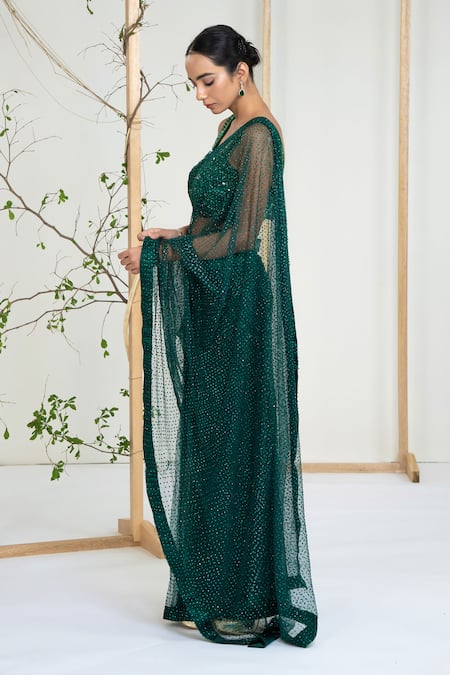 Shop_Ellemora Fashions_Green Net, Crepe Embroidery, Zari, Beads, Sequins Emerald Mist Saree With Blouse _Online_at_Aza_Fashions