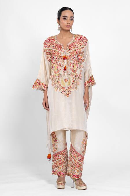 Shop_Ellemora Fashions_Beige Embroidery, Tassels V-neck Thread Work Kaftan Set _Online_at_Aza_Fashions