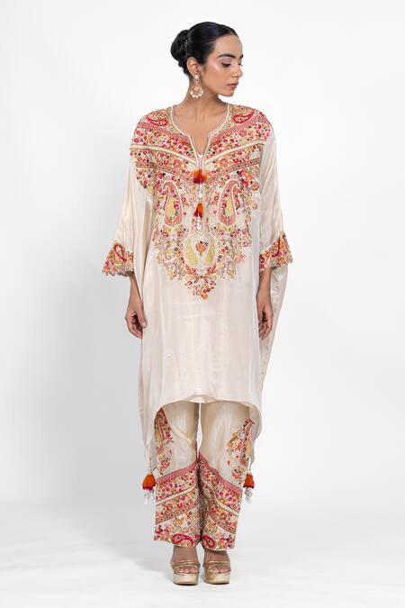 Ellemora Fashions_Beige Embroidery, Tassels V-neck Thread Work Kaftan Set _at_Aza_Fashions