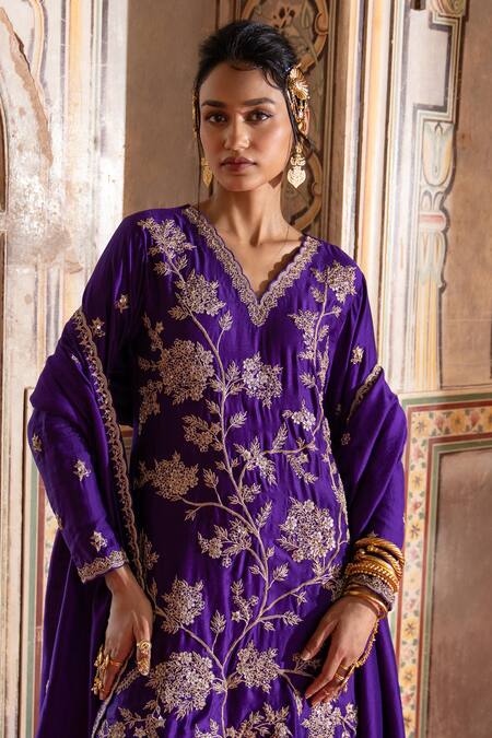 Pink City By Sarika_Purple Silk, Embroidery, Zari Floral Pattern Kurta Sharara Set _Online_at_Aza_Fashions
