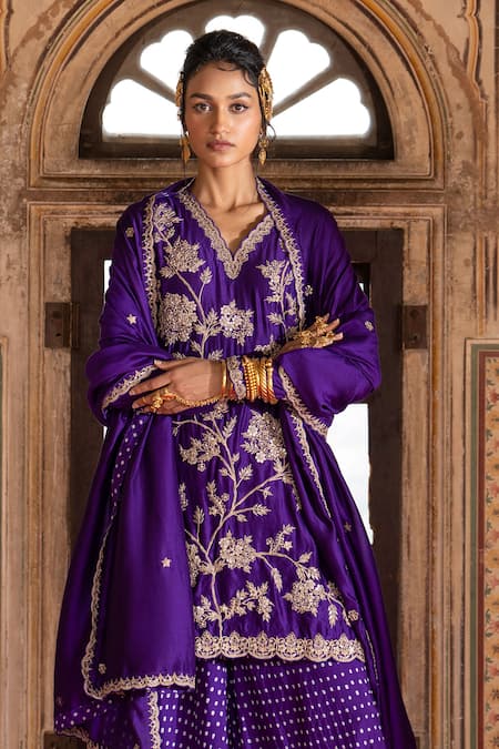 Buy_Pink City By Sarika_Purple Silk, Embroidery, Zari Floral Pattern Kurta Sharara Set _Online_at_Aza_Fashions