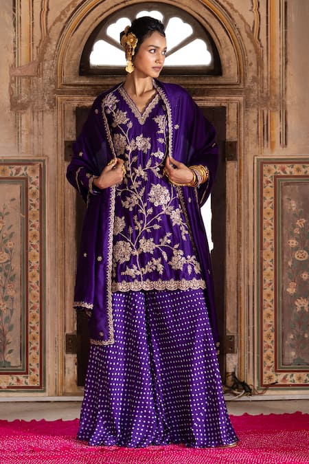 Shop_Pink City By Sarika_Purple Silk, Embroidery, Zari Floral Pattern Kurta Sharara Set _Online_at_Aza_Fashions