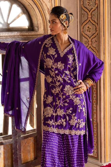 Pink City By Sarika_Purple Silk, Embroidery, Zari Floral Pattern Kurta Sharara Set _at_Aza_Fashions