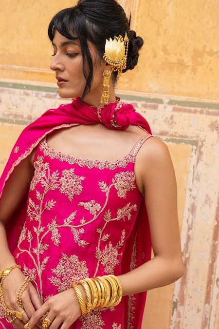 Buy Pink City By Sarika Pink Chanderi Silk Embroidery, Zari Square Neck Floral Pattern Kurta Sharara Set Online at Aza Fashions Buy_Pink City By Sarika_Pink Chanderi Silk Embroidery, Zari Square Neck Floral Pattern Kurta Sharara Set _Online_at_Aza_Fashions