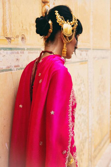 Pink City By Sarika_Pink Chanderi Silk Embroidery, Zari Square Neck Floral Pattern Kurta Sharara Set _at_Aza_Fashions