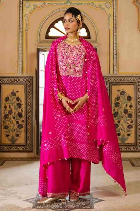 Pink City By Sarika Pink Chanderi Silk Embroidery, Mirrors Round Neck Bandhani Pattern Kurta Set 