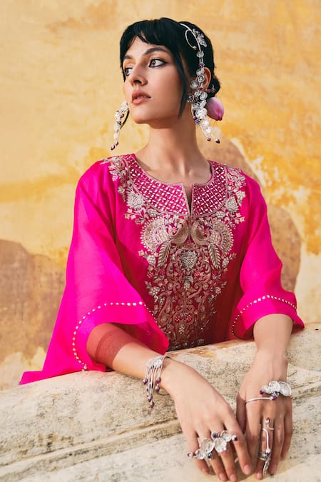Buy_Pink City By Sarika_Pink Silk Embroidery Split V-neck Kaftan Set _Online_at_Aza_Fashions