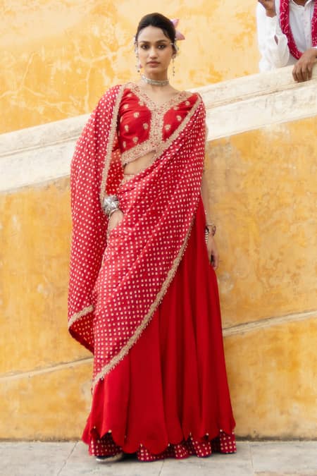 Pink City By Sarika Red Chanderi Silk Embroidery, Zari V-neck Bandhani Pattern Lehenga Saree Set 