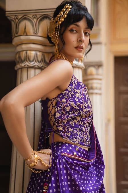 Pink City By Sarika Purple Silk Embroidery, Pearls Sweetheart Bandhani Pattern Pre-draped Saree Set Online at Aza Fashions Pink City By Sarika_Purple Silk Embroidery, Pearls Sweetheart Bandhani Pattern Pre-draped Saree Set _Online_at_Aza_Fashions