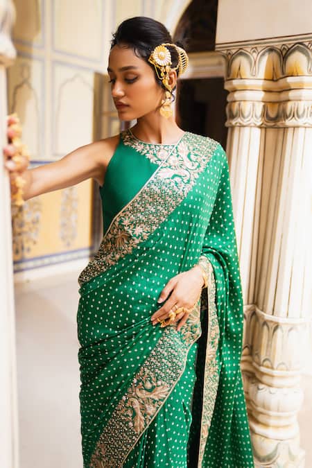 Pink City By Sarika_Green Silk Embroidery, Zari Bandhani Pattern Saree With Unstitched Blouse Piece _at_Aza_Fashions
