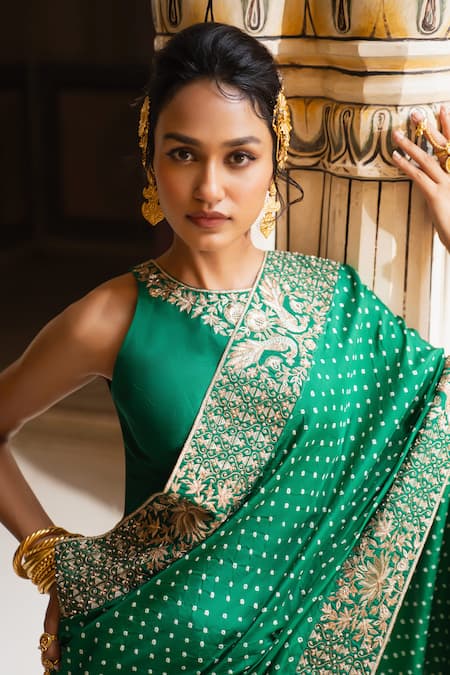 Buy_Pink City By Sarika_Green Silk Embroidery, Zari Bandhani Pattern Saree With Unstitched Blouse Piece 