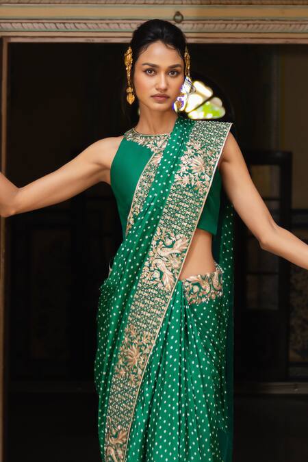 Shop_Pink City By Sarika_Green Silk Embroidery, Zari Bandhani Pattern Saree With Unstitched Blouse Piece 