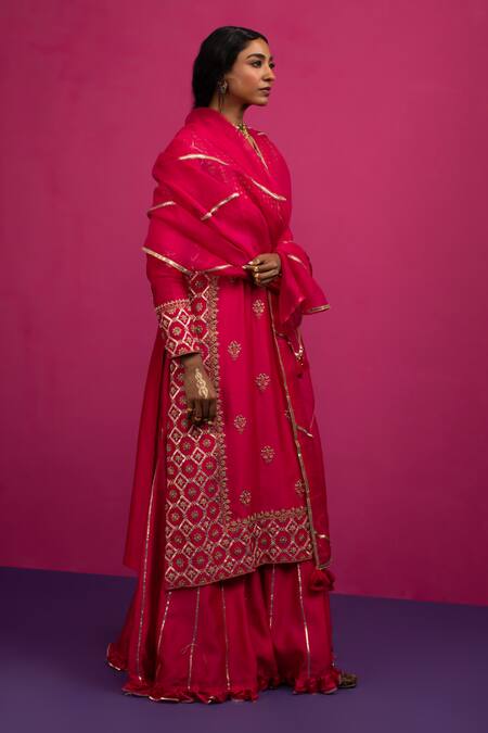 Pink City By Sarika_Pink Chanderi Silk Embroidery, Zari, Gota Patti Round Ghoomar Kurta Sharara Set _Online_at_Aza_Fashions