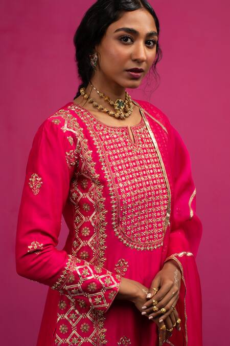 Buy_Pink City By Sarika_Pink Chanderi Silk Embroidery, Zari, Gota Patti Round Ghoomar Kurta Sharara Set _Online_at_Aza_Fashions