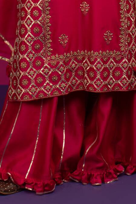 Shop_Pink City By Sarika_Pink Chanderi Silk Embroidery, Zari, Gota Patti Round Ghoomar Kurta Sharara Set _Online_at_Aza_Fashions