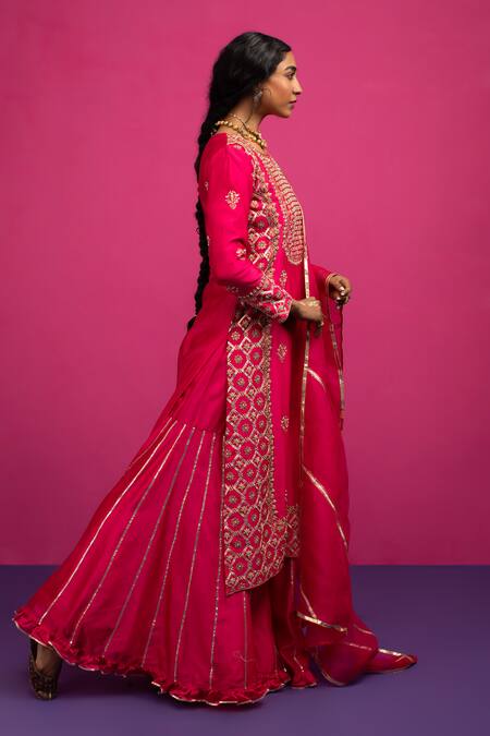 Pink City By Sarika_Pink Chanderi Silk Embroidery, Zari, Gota Patti Round Ghoomar Kurta Sharara Set _at_Aza_Fashions