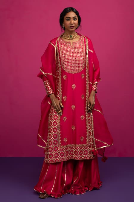 Pink City By Sarika Pink Chanderi Silk Embroidery, Zari, Gota Patti Round Ghoomar Kurta Sharara Set 