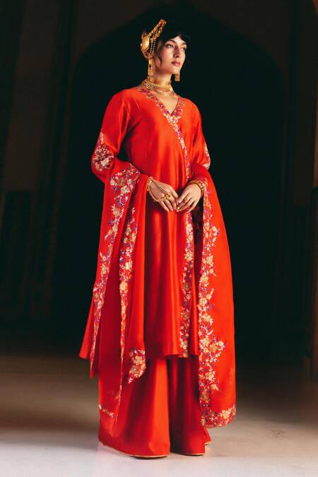 Pink City By Sarika_Rust Chanderi Silk, Silk, Chanderi, Organza Naarangee Angrakha Kurta Set _Online_at_Aza_Fashions