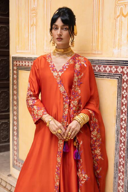 Shop_Pink City By Sarika_Rust Chanderi Silk, Silk, Chanderi, Organza Naarangee Angrakha Kurta Set _Online_at_Aza_Fashions