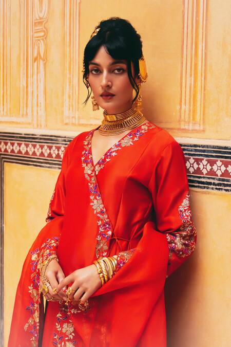 Pink City By Sarika_Rust Chanderi Silk, Silk, Chanderi, Organza Naarangee Angrakha Kurta Set _at_Aza_Fashions