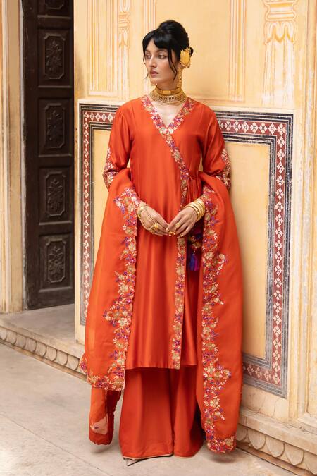 Buy_Pink City By Sarika_Rust Chanderi Silk, Silk, Chanderi, Organza Naarangee Angrakha Kurta Set 