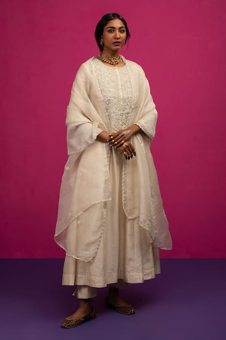 Shop_Pink City By Sarika_Ivory Silk, Silk, Pearls, Embroidery Round Neck Anarkali Set _Online_at_Aza_Fashions