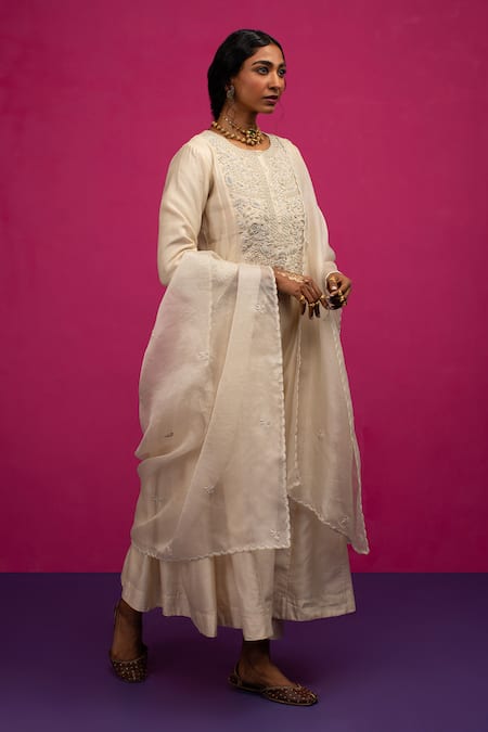 Pink City By Sarika_Ivory Silk, Silk, Pearls, Embroidery Round Neck Anarkali Set _at_Aza_Fashions