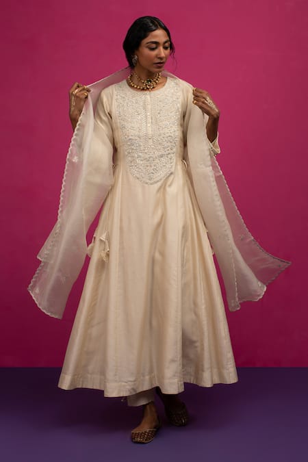 Pink City By Sarika Ivory Silk, Silk, Pearls, Embroidery Round Neck Anarkali Set 