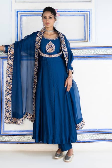 Pink City By Sarika Blue Chanderi Silk, Organza Embroidery Round Neck Floral Mughal Anarkali Set 