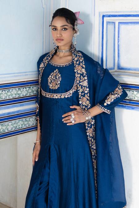 Pink City By Sarika_Blue Chanderi Silk, Organza Embroidery Round Neck Floral Mughal Anarkali Set _at_Aza_Fashions