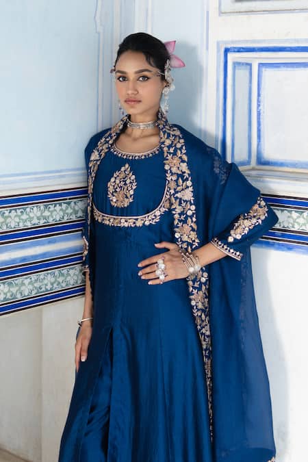 Shop_Pink City By Sarika_Blue Chanderi Silk, Organza Embroidery Round Neck Floral Mughal Anarkali Set 