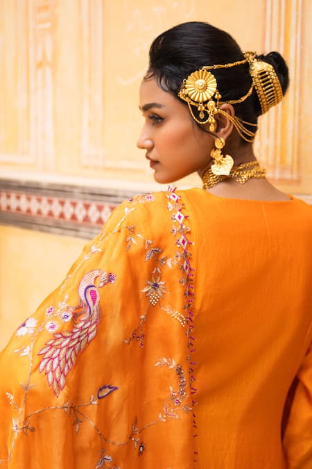 Pink City By Sarika_Orange Silk, Embroidery, Tassels V-neck De Kesariya Kurta Set _Online_at_Aza_Fashions