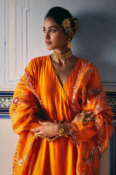 Buy_Pink City By Sarika_Orange Silk, Embroidery, Tassels V-neck De Kesariya Kurta Set _Online_at_Aza_Fashions