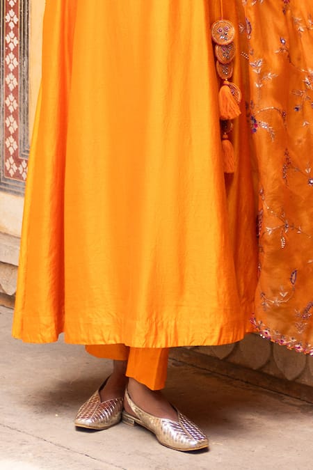 Shop_Pink City By Sarika_Orange Silk, Embroidery, Tassels V-neck De Kesariya Kurta Set _Online_at_Aza_Fashions