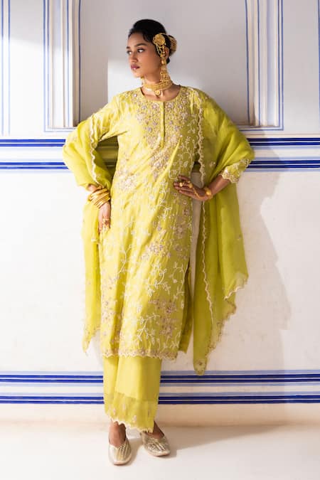 Pink City By Sarika_Lime Chanderi Silk Embroidery, Beads, Zari Round Neck Kurta Set _Online_at_Aza_Fashions